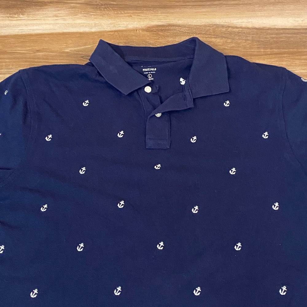 J.Crew Pique Polo Shirt Mens Large Anchor Print Slim Fit Short Sleeve Navy Blue - Picture 2 of 9